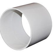 A white 4 inch PVC drainage coupling hub x hub.