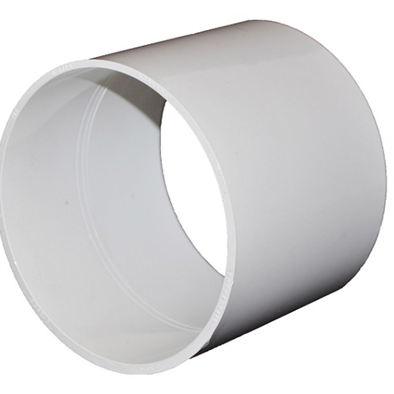 A white 4 inch PVC drainage coupling hub x hub.