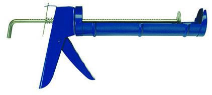 A blue caulking gun with a half barrel design, featuring a metal body and a rubber tube.