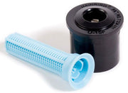 An image showing a Rain Bird sprinkler spray nozzle with its components, including a black plastic head and a blue mesh screen.