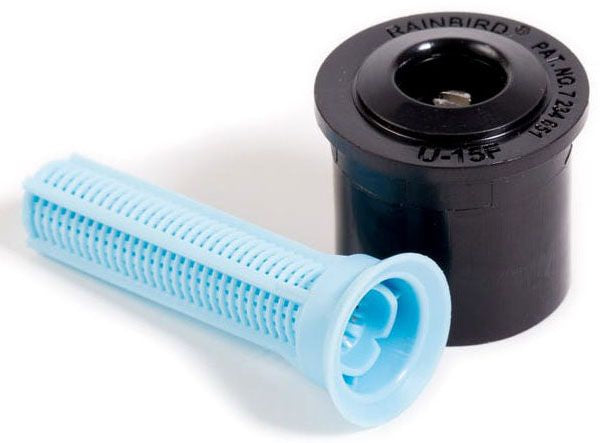 An image showing a Rain Bird sprinkler spray nozzle with its components, including a black plastic head and a blue mesh screen.