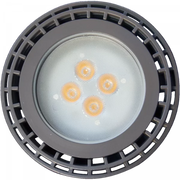 Round industrial light fixture with gray casing on a white background