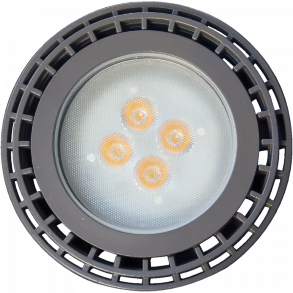 Round industrial light fixture with gray casing on a white background