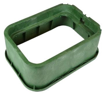 A green rectangular extension box for valve boxes used in irrigation, made of HDPE material and includes a brass nut.