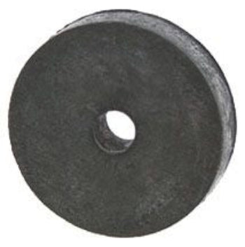A black circular metal seat washer for plumbing and irrigation applications.