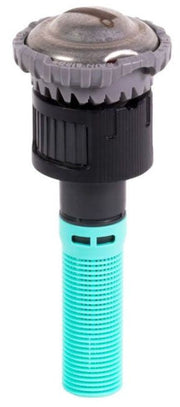 A Rain Bird R-VAN RCS rotary sprinkler nozzle with a black head mounted on a teal-colored shaft.