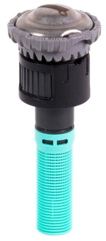 A Rain Bird R-VAN RCS rotary sprinkler nozzle with a black head mounted on a teal-colored shaft.