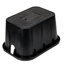 Black corrugated valve box with a black overlapping bolt-down cover.