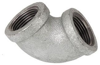 Galvanized metal elbow fitting with female threaded end connections.
