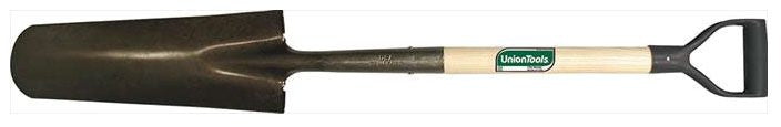 A black steel blade drain spade with a brown wooden handle and a green and white grip
