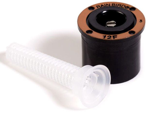 Rain Bird full nozzle with a white filter screen and brown color-coded top, marked with '12F' for identification.