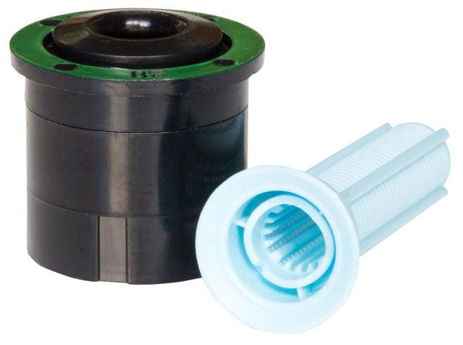 An image showing a sprinkler spray nozzle, with a black body and a blue adjustment screw, against a white background.
