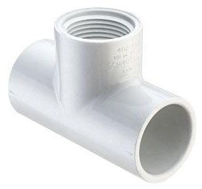 A white PVC tee fitting with socket and female threaded end connection.