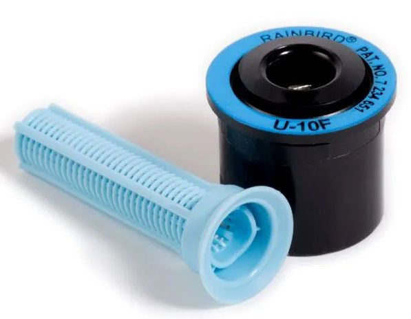 Rain Bird U 10 F sprinkler spray nozzle with black body and blue detailing, designed for pop-up irrigation systems.