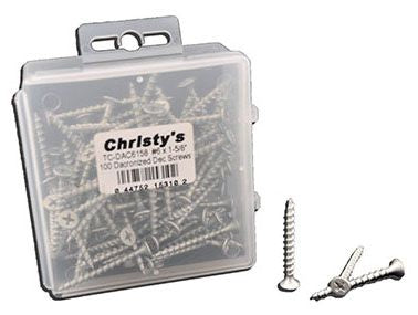 A clear plastic hanging case with silver-colored dacronized deck screws and a few screwdrivers, with a label in the center displaying product information.