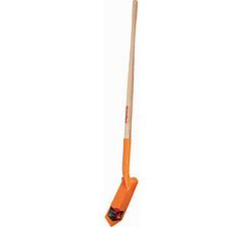 A 4 inch trenching shovel with a wood handle and orange blade, designed for landscape supplies.