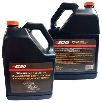 Two containers of Echo bar and chain oil on a white background