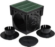 Black plastic square drainage inspection box with a green top grate, shown with two black flanges and a round access cover on a white background.