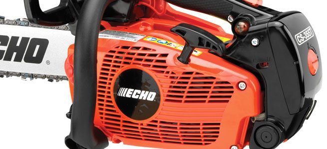 Close-up of an Echo chainsaw on a white background
