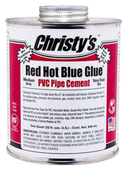 A can of Christy RH-RHBV-QT-12 Red Hot Blue Glue PVC Pipe Cement.