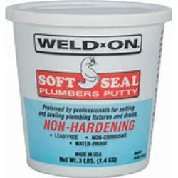 A container of Weld-On 80100 Soft Seal Plumbers Putty in beige color, with branding and product information printed on the label.