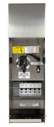 Electrical panel with various labels and wiring on a white background