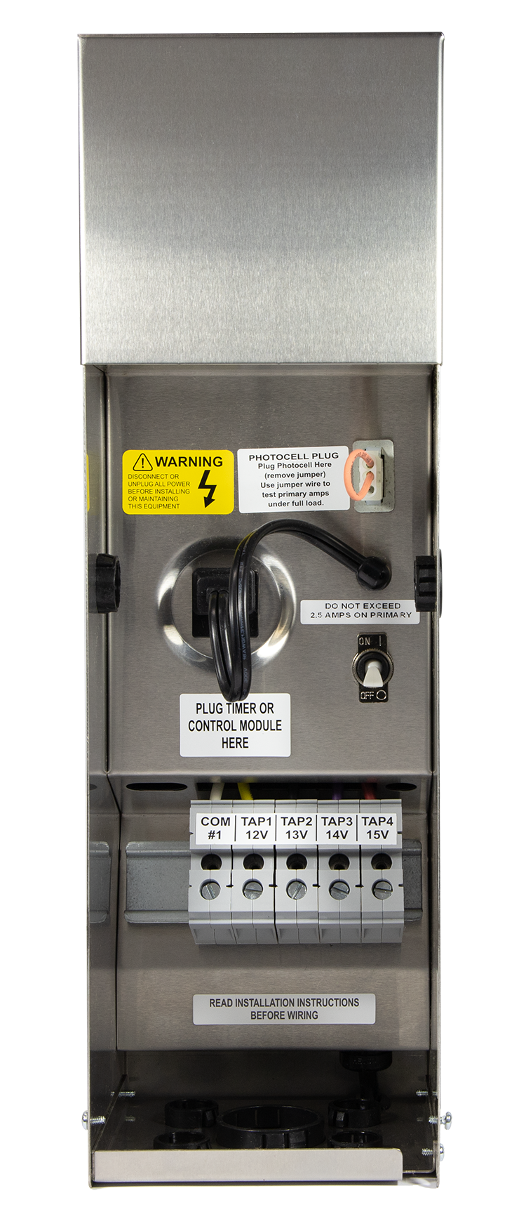 Electrical panel with various labels and wiring on a white background