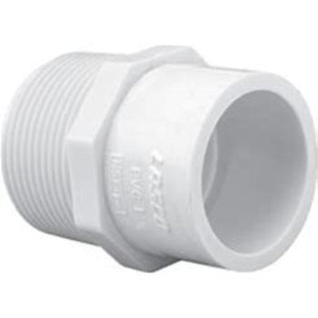 3-inch PVC male adapter with male thread connection, white in color, for use in piping systems.