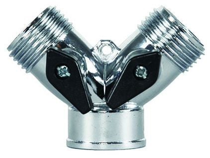Zinc metal two-way shut-off valve with male threaded end connections.