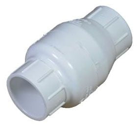 A white 1 inch PVC IPS swing check valve with slip x slip end connection.