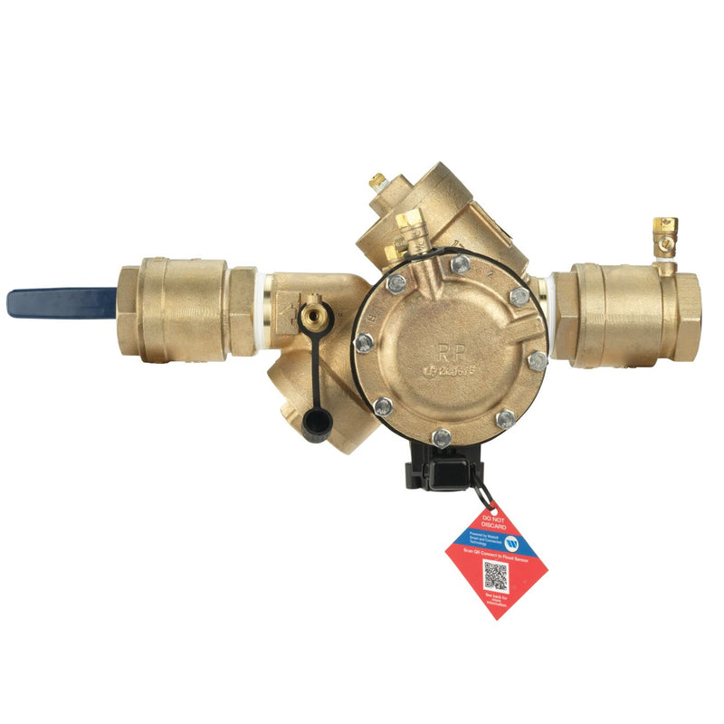 A gold-colored 1-1/2 inch lead free Y pattern reduced pressure zone backflow preventer assembly with FPT, featuring threaded quarter turn ball valves and a flood sensor.