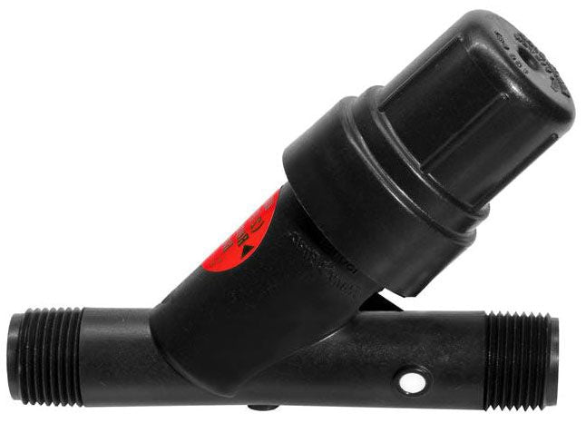 Black pressure regulating filter with a red label, designed for irrigation systems.
