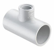 A white PVC tee fitting with a male threaded end and a socket x socket x female threaded end connection.