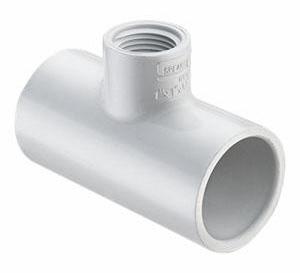 A white PVC tee fitting with a male threaded end and a socket x socket x female threaded end connection.