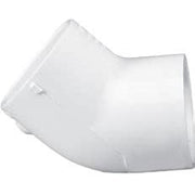 A white PVC 45 degree elbow fitting with socket x socket end connection.