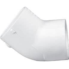 A white PVC 45 degree elbow fitting with socket x socket end connection.