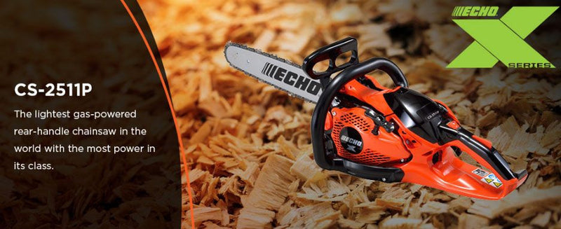 Echo CS-2511P chainsaw on a background of wood shavings with Echo logo.