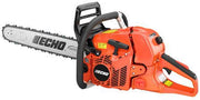Echo brand chainsaw with an orange body, black handle, and gray chainsaw cover.