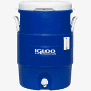 A blue Igloo cooler with a white lid and white side handles, featuring a white spout at the bottom and the Igloo brand logo on the front.