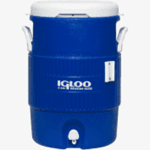 A blue Igloo cooler with a white lid and white side handles, featuring a white spout at the bottom and the Igloo brand logo on the front.