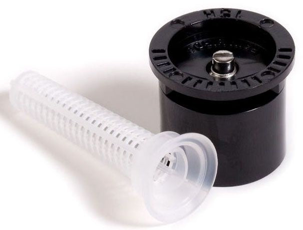 A black sprinkler spray nozzle with a white filter screen attached, against a white background.