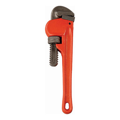 A 14 inch cast pipe wrench with a red handle and gray steel body.