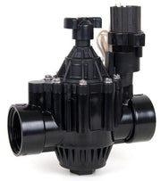 A black plastic inline irrigation electric valve with female threading on both ends.