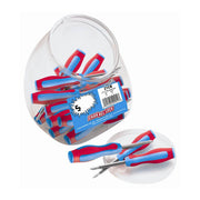 Clear plastic container with red and blue screwdrivers on a white background