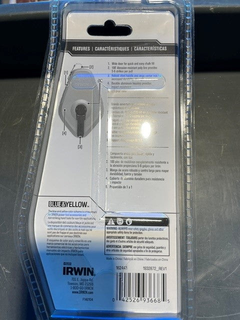 A silver-colored chalk line reel with a rewind handle and the brand name 'IRWIN' visible on the case.