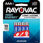 Pack of four Rayovac AAA alkaline batteries in carded packaging.