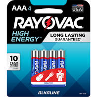Pack of four Rayovac AAA alkaline batteries in carded packaging.