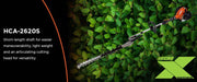 Hedge trimmer with text and Becho logo on a green leafy background