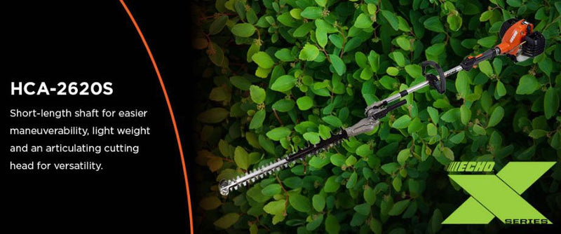 Hedge trimmer with text and Becho logo on a green leafy background