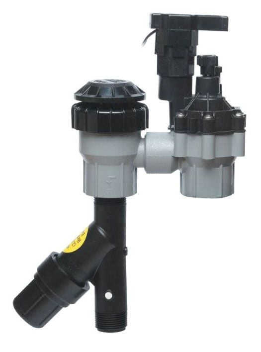 Rain Bird XACZ 100 PRF 1" Medium Flow ASV Control Zone Valve Kit with a black, gray, and yellow color scheme, featuring end connections and a filter.